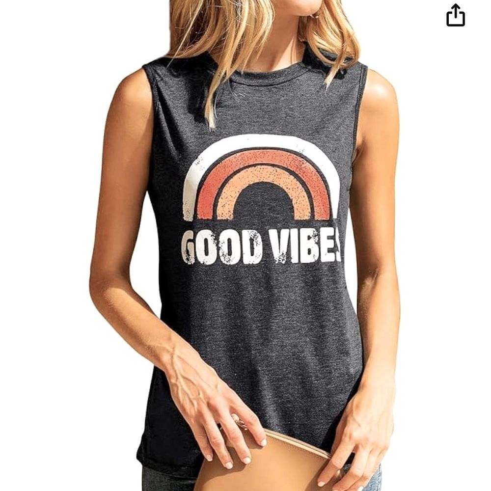 Good Vibes Graphic Casual Sleeveless Loose Fit Crew Neck Tank Top